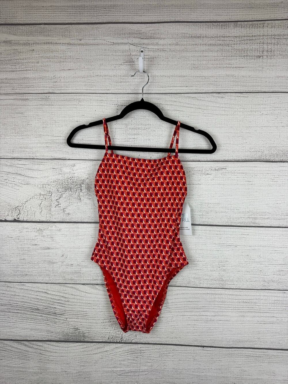 Time & Tru Women's Red Orange Geo One Piece Swimsuit Size XS